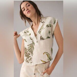 By Anthropologie 100% Linen Short Sleeve Utility Pullover V-Neck Shirt Top XL